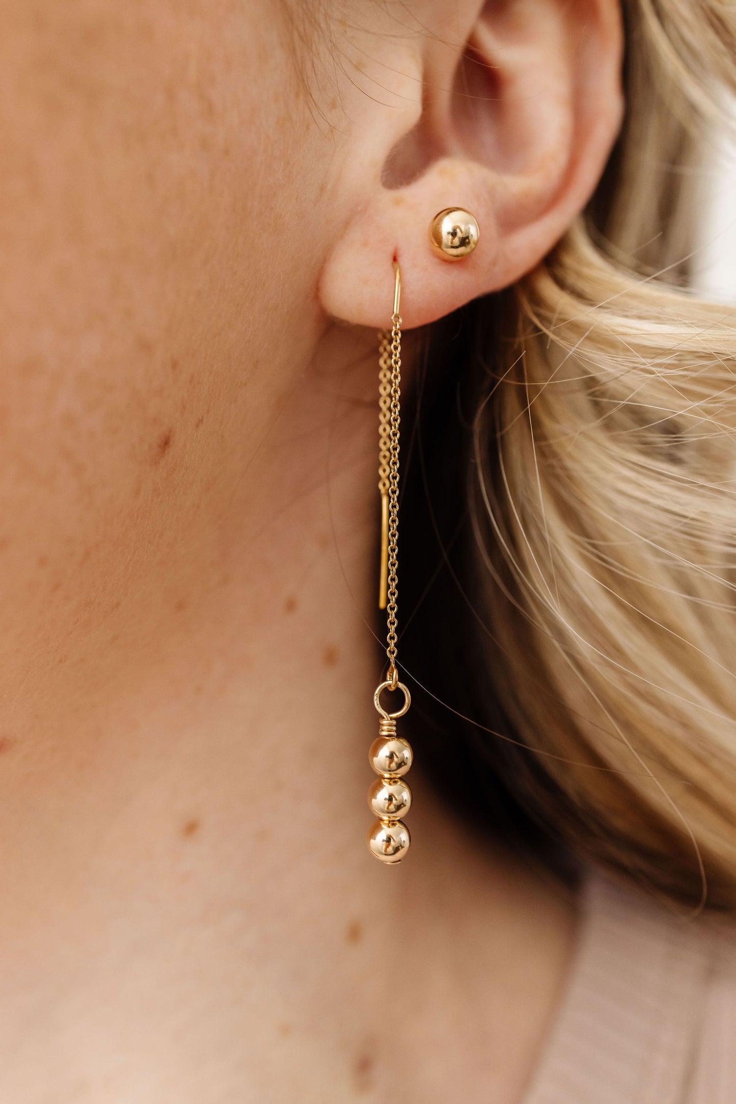 Gold filled beaded threader earrings. gold threaders. gold droplet threader earrings. Droplet threader earrings. 14k gold filled threaders. Gems by Laura.
