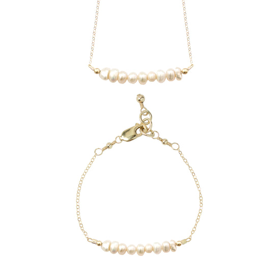 Freshwater Pearl Choker Necklace + Chain Bracelet Set (6MM beads)