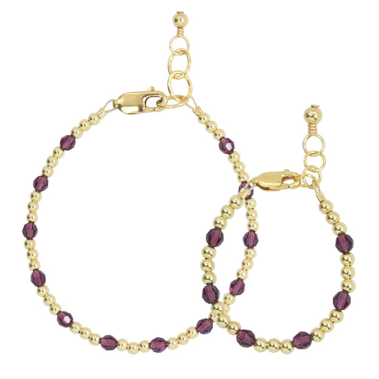 February Birthstone Dotted Mom + Mini Bracelet Set (3MM + 4MM Beads)