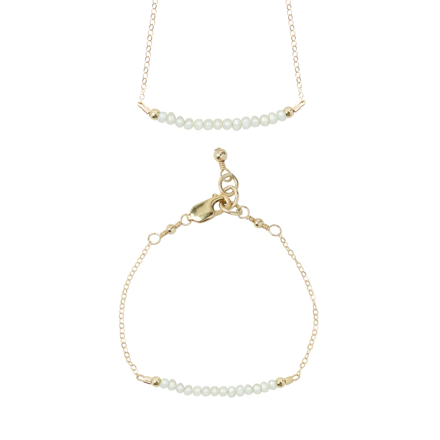 Mini Freshwater Pearl Choker Necklace + Chain Bracelet Set (2MM beads)