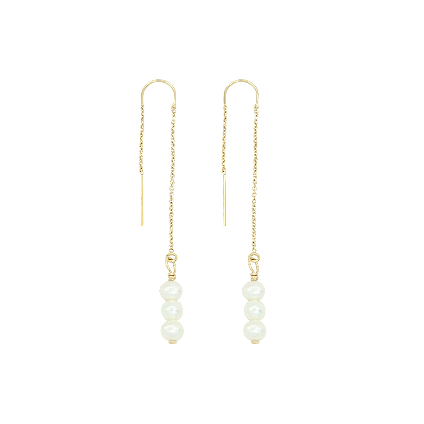 pearl droplet threader earrings. freshwater pearl droplet threaders. pearl threaders. pearl dangle earrings. dangly pearl earrings. threader earrings. gold filled threaders. Gems by Laura. 